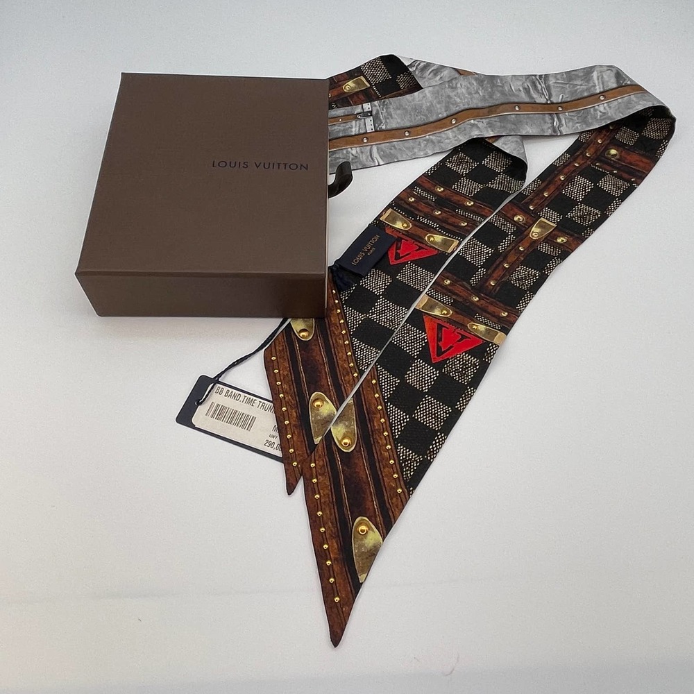 Louis Vuitton TIME TRUNK BB Bandeau ~ Silk Skinny Scarf ~ Gray MP2186 ~ RARE NWT